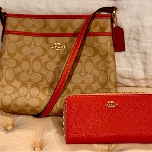 EUC Coach Tan and Pink Signature Bag and Wallet Bundle